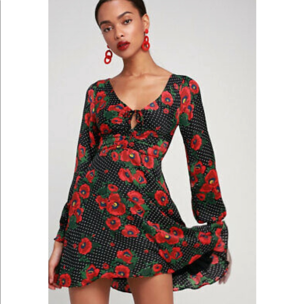 Free People Black and Red Floral Mini Dress